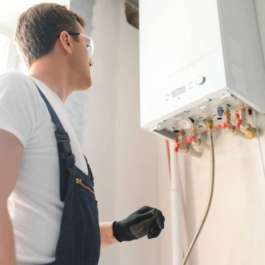 Professional plumber checking a boiler and pipes, boiler service concept.