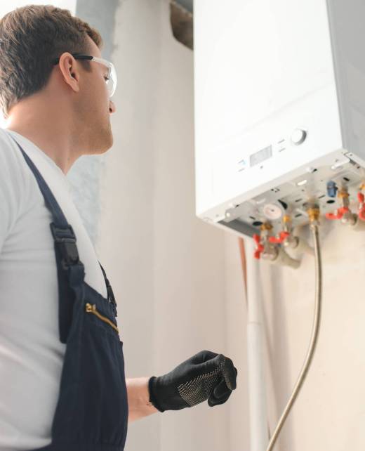 Professional plumber checking a boiler and pipes, boiler service concept.